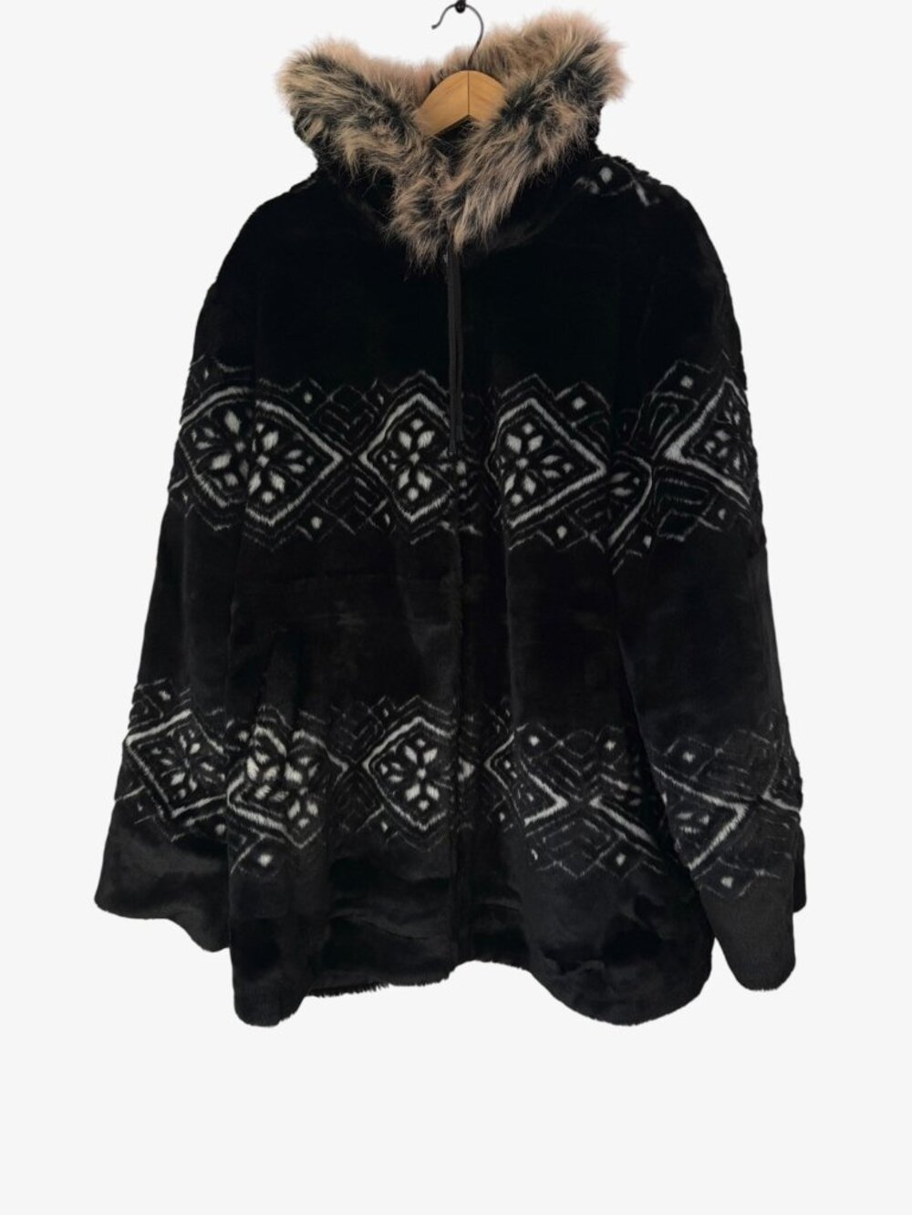 Woman Within Womens Snowflake Faux Fur Hooded Jacket Plus Size 1X 22W 24W Black